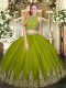 Floor Length Zipper Sweet 16 Dresses Olive Green for Military Ball and Sweet 16 and Quinceanera with Beading and Appliques
