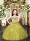 Simple Spaghetti Straps Sleeveless Kids Pageant Dress Floor Length Beading and Ruffles Olive Green Tulle