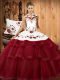 Affordable Wine Red Satin and Organza Lace Up Halter Top Sleeveless With Train Quinceanera Dresses Sweep Train Embroidery and Ruffled Layers