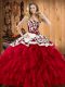 Wine Red Satin and Organza Lace Up Sweet 16 Dress Sleeveless Floor Length Embroidery and Ruffles