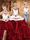 Delicate Wine Red Organza Lace Up 15 Quinceanera Dress Sleeveless Floor Length Embroidery and Ruffles