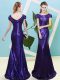Stunning Sequined Scoop Cap Sleeves Zipper Sequins Prom Gown in Purple