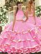 Rose Pink Organza Backless 15th Birthday Dress Sleeveless Floor Length Beading and Ruffled Layers