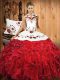 Excellent Halter Top Sleeveless Lace Up Quinceanera Dresses White And Red Satin and Organza
