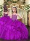 Sleeveless Floor Length Beading and Ruffles Lace Up Girls Pageant Dresses with Fuchsia