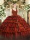 Artistic Rust Red Organza Backless Quinceanera Dresses Sleeveless Floor Length Beading and Lace and Ruffled Layers