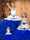 Edgy Sleeveless Satin and Organza Floor Length Lace Up 15th Birthday Dress in Blue And White with Embroidery and Ruffles