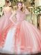Peach Sleeveless Tulle Zipper Ball Gown Prom Dress for Military Ball and Sweet 16 and Quinceanera