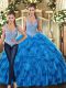 Edgy Teal Tulle Lace Up Quinceanera Dresses Sleeveless Floor Length Beading and Ruffles