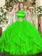 Custom Designed Green Vestidos de Quinceanera Military Ball and Sweet 16 and Quinceanera with Ruffles High-neck Sleeveless Criss Cross