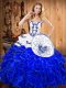 Free and Easy Floor Length Blue And White Quinceanera Dresses Satin and Organza Sleeveless Embroidery and Ruffles