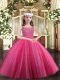 Hot Pink Tulle Lace Up Straps Sleeveless Floor Length Little Girl Pageant Dress Beading