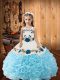 Graceful Baby Blue Fabric With Rolling Flowers Lace Up Straps Sleeveless Floor Length Little Girls Pageant Dress Beading and Ruffles