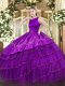 Purple Ball Gowns Organza Scoop Sleeveless Embroidery and Ruffled Layers Floor Length Clasp Handle Sweet 16 Dresses