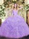 Custom Fit Lavender Ball Gowns Sweetheart Sleeveless Organza Floor Length Lace Up Beading and Ruffles Quinceanera Dresses