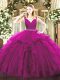 Fuchsia Ball Gowns V-neck Sleeveless Tulle Floor Length Zipper Beading and Ruffles Sweet 16 Dresses