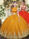 Luxurious Orange Two Pieces High-neck Sleeveless Tulle Floor Length Criss Cross Appliques Sweet 16 Dresses
