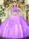 Floor Length Lavender 15th Birthday Dress High-neck Sleeveless Backless