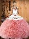 Excellent Watermelon Red Fabric With Rolling Flowers Lace Up Halter Top Sleeveless Floor Length Sweet 16 Quinceanera Dress Embroidery
