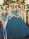 Floor Length Lace Up Quince Ball Gowns Teal for Military Ball and Sweet 16 and Quinceanera with Beading and Ruffles