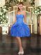 Sleeveless Tulle Mini Length Lace Up in Blue with Beading and Ruffles