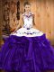 Halter Top Sleeveless Quince Ball Gowns Floor Length Embroidery and Ruffled Layers Purple Organza