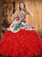 Floor Length Red Quinceanera Gowns Tulle Sleeveless Embroidery and Ruffles