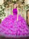 Fuchsia Clasp Handle Scoop Ruffled Layers Quinceanera Gowns Organza Sleeveless