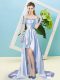 Off The Shoulder Short Sleeves Lace Up Homecoming Dress Lavender Elastic Woven Satin and Sequined