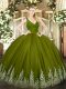V-neck Sleeveless Vestidos de Quinceanera Floor Length Beading and Lace and Appliques Olive Green Tulle