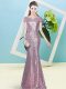 Pink Zipper Prom Evening Gown Sequins Cap Sleeves Floor Length