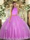 Elegant Floor Length Backless Ball Gown Prom Dress Lilac for Military Ball and Sweet 16 and Quinceanera with Beading and Appliques