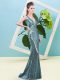 Teal Mermaid Sequined V-neck Sleeveless Sequins Floor Length Zipper Prom Party Dress