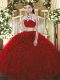 Fancy Tulle High-neck Sleeveless Backless Beading and Ruffles Quinceanera Dress in Wine Red