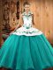 Simple Turquoise Ball Gown Prom Dress Military Ball and Sweet 16 and Quinceanera with Embroidery Halter Top Sleeveless Lace Up