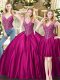 Fuchsia Vestidos de Quinceanera Military Ball and Sweet 16 and Quinceanera with Beading V-neck Sleeveless Lace Up