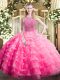Sleeveless Floor Length Beading and Ruffled Layers Zipper Quinceanera Dress with Rose Pink