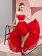 Cheap Red Chiffon Lace Up Sweetheart Sleeveless High Low Wedding Guest Dresses Beading