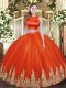 Classical Red Sweet 16 Dress Military Ball and Sweet 16 and Quinceanera with Appliques High-neck Sleeveless Criss Cross