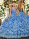 Dramatic Baby Blue Ball Gowns Ruffled Layers Quinceanera Gown Backless Organza Sleeveless Floor Length