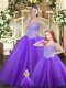 Excellent Sleeveless Floor Length Beading Lace Up Quinceanera Gown with Purple