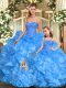 Great Baby Blue Ball Gown Prom Dress Military Ball and Sweet 16 and Quinceanera with Beading and Ruffles Sweetheart Sleeveless Lace Up