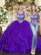 Decent Purple Sleeveless Floor Length Beading and Ruffles Lace Up Quince Ball Gowns