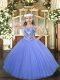 Blue Ball Gowns Straps Sleeveless Tulle Floor Length Lace Up Beading Little Girls Pageant Dress Wholesale