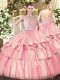 Rose Pink Sleeveless Beading and Ruffled Layers Floor Length 15 Quinceanera Dress