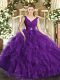 Eye-catching Purple Ball Gowns V-neck Sleeveless Organza Floor Length Backless Beading and Ruffles 15th Birthday Dress