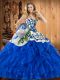 Satin and Organza Sweetheart Sleeveless Lace Up Embroidery and Ruffles Quinceanera Gowns in Blue