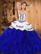 Modern Sleeveless Floor Length Embroidery and Ruffles Lace Up Quinceanera Dress with Blue And White