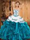 High Quality Teal Satin and Organza Lace Up Sweet 16 Quinceanera Dress Sleeveless Floor Length Embroidery and Ruffles