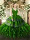 Sleeveless Organza Floor Length Backless Ball Gown Prom Dress in Green with Beading and Lace and Ruffles